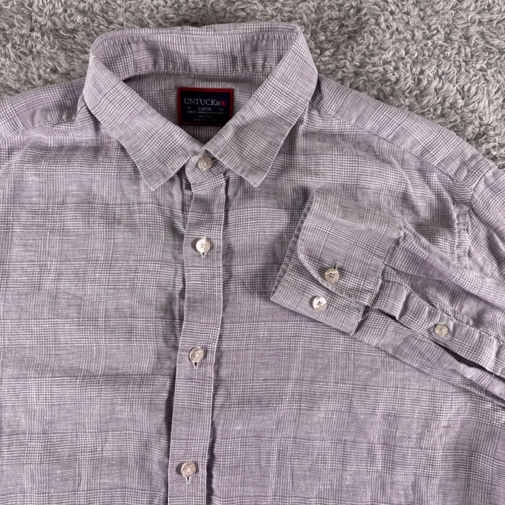 UNTUCKit Mens Large Slim Fit 100% Linen Purple Plaid Wrinkle Resistant Shirt